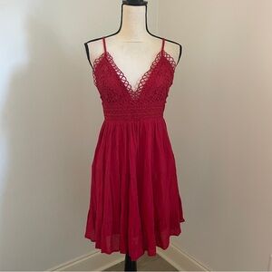 ATAP Crochet VNeck Fit & Flare Dress sz Large Red Lace Boho Cut Out Fairy Grunge